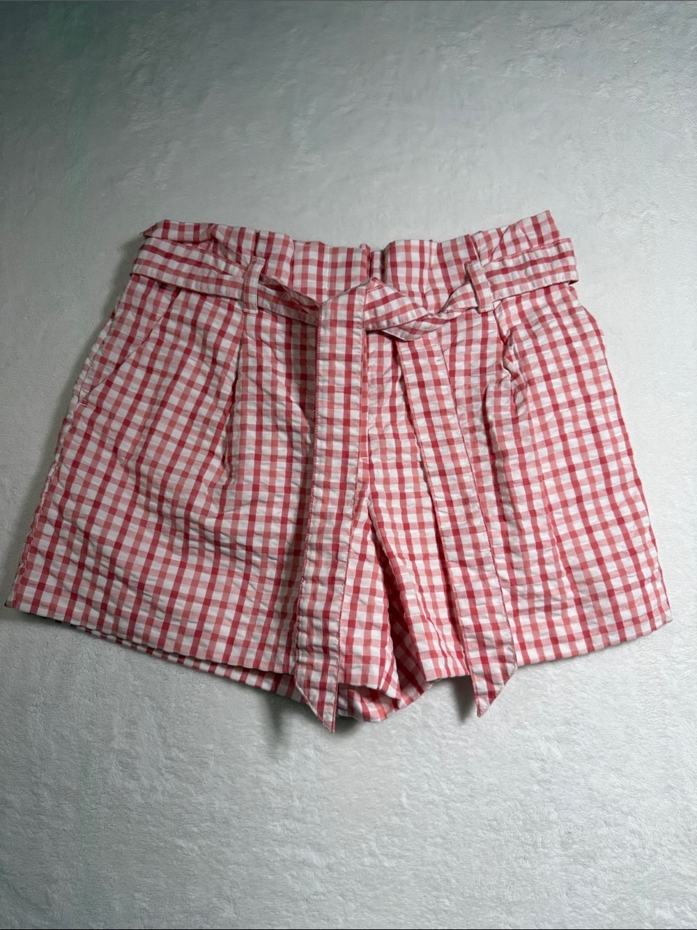 LOFT Pink and White Gingham High-Waist Tie-Front Shorts